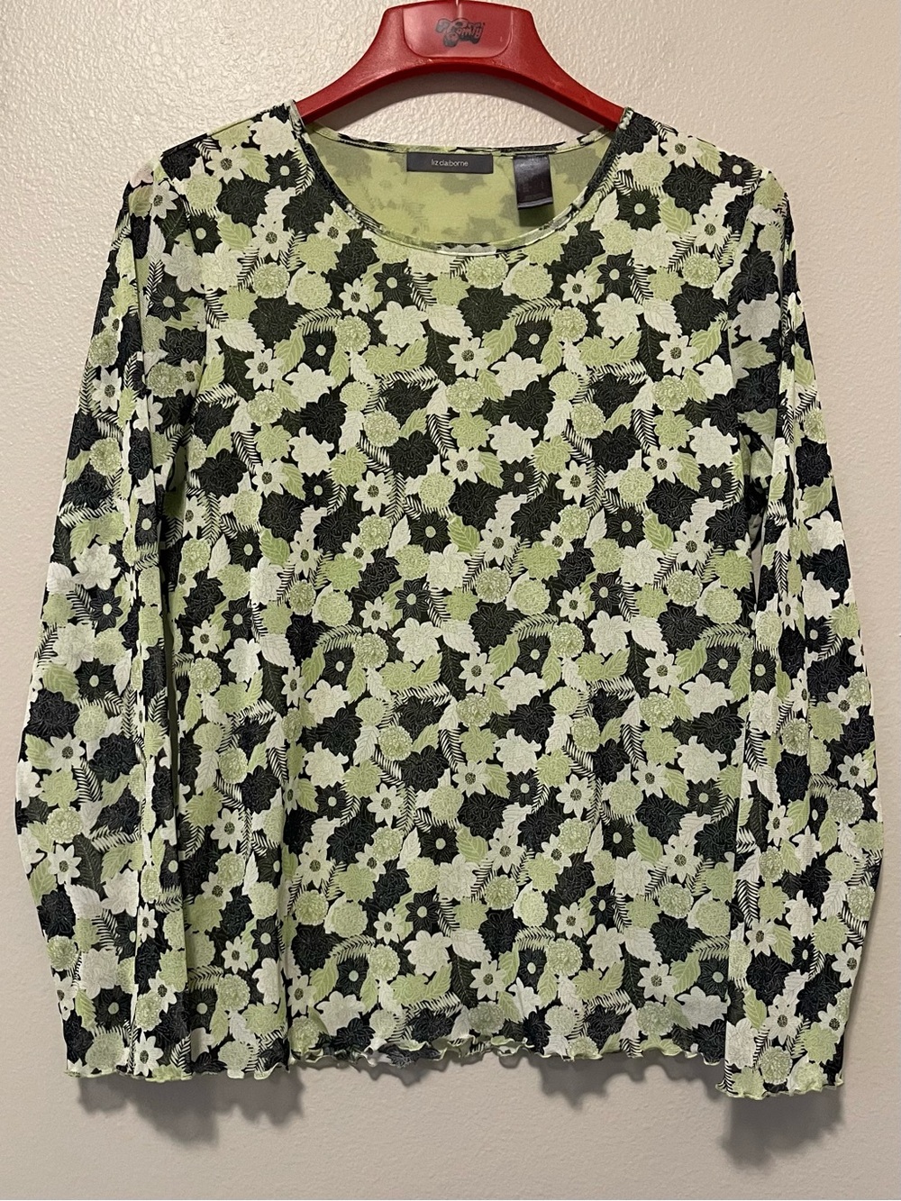 Liz Claiborne Floral Mesh Blouse - Lined Lightweight Lettuce Ruffle Hem - Large